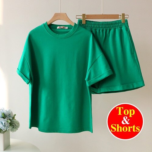 Summer Cotton Tracksuit Women Spring Loose Two Piece Sets Casual Long Sleeve  Sweatshirt &amp; Elastic Waist Shorts Female Outfits