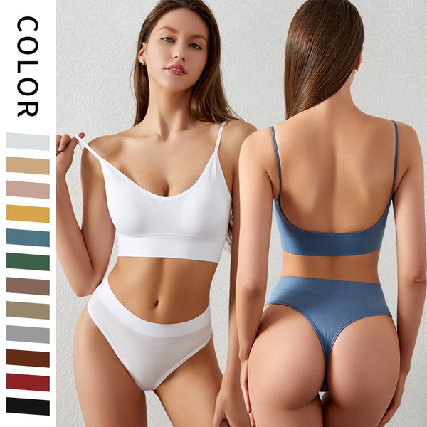 New Women Seamless Bra Set Sexy Thong Low Waist Panties Wire Free Bra Bralette Lingerie Brassiere Cotton Female Underwear Set