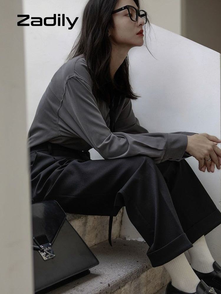 Zadily 2022 Summer Minimalist Long Sleeve Button Up Shirt Women Korean Style Solid Tie Oversize Shirts Blouse Loose Clothes Tops