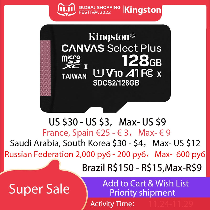 Kingston Memory Card 128GB 32GB Micro SD TF 64GB 256GB MicroSD SDCS2 100MB/S Reading Speed Class 10 Flash Card SD