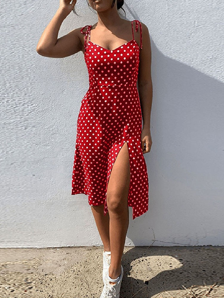 Dresses 2022 Sundress Summer Women Causal Polka Dot Sleeveless High Pleated elastic waist V-Neck Beach Dress Vestidos De Verano