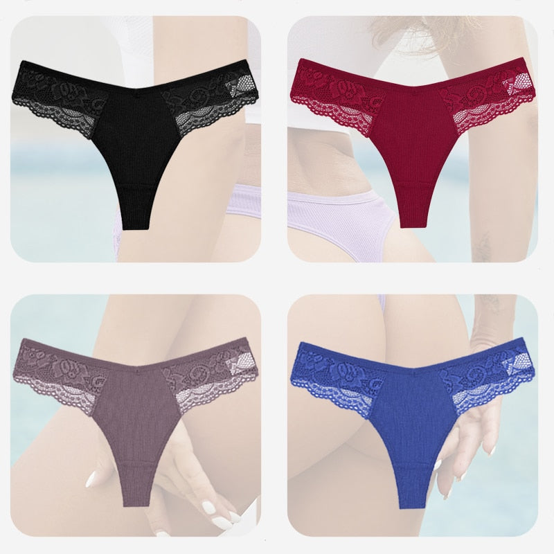4PCS/Set Sexy Women Cotton Panties Lace Thong Underwear for Female Intimates Lingerie T-Back Floral Hollow Out Plus Size Panties