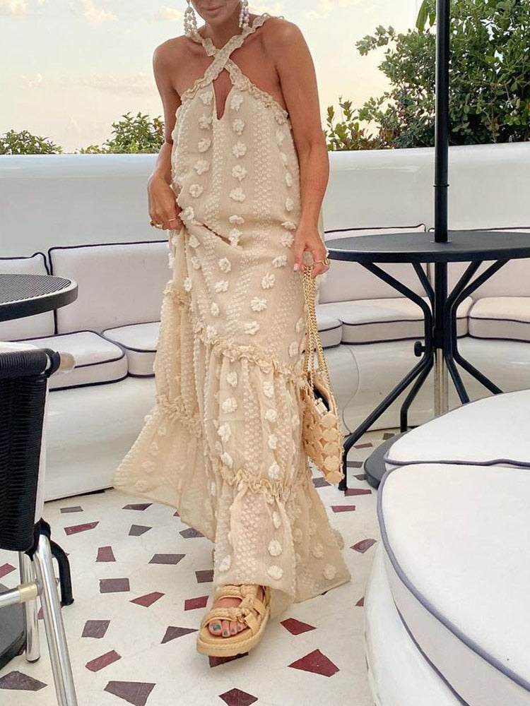 Sleeveless Halter Maxi Summer Dress For Women Fashion Ruffle Beach Long Robe 2022 Elegant Slip Holiday Hollow Out Sundress