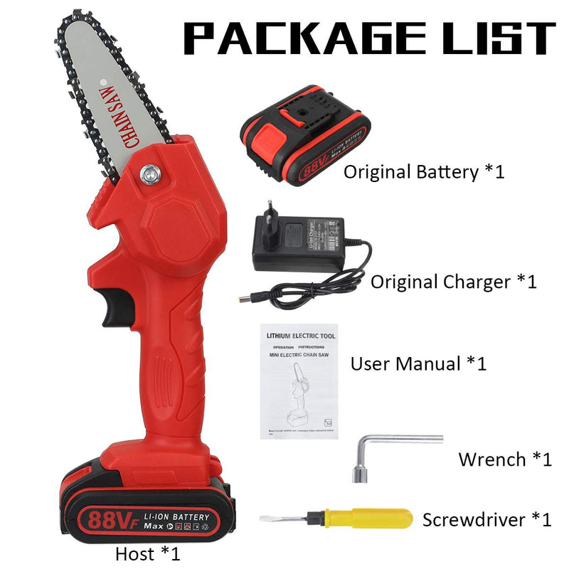 1080W 4 Inch 88VF Mini Electric Chain Saw with 1/2 Upgraded Battery Rechargeable Woodworking Pruning One-handed Saw Garden Tool