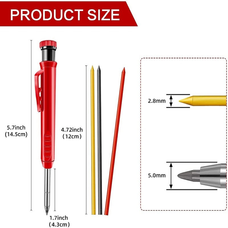 Solid Carpenter Pencil Set with 6 Refill Leads Built-in Sharpener Mechanical Pencil Marking Tool Kit for Woodworking Architect