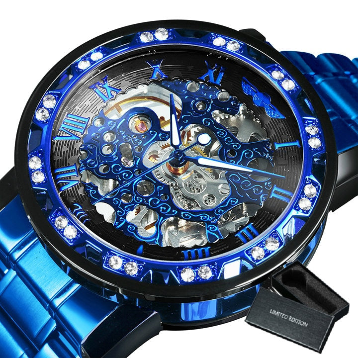 WINNER Transparent Skeleton Watch for Men Mechanical Wristwatches Diamond Watches Mens Luxury Stainless Steel Strap Unisex Clock