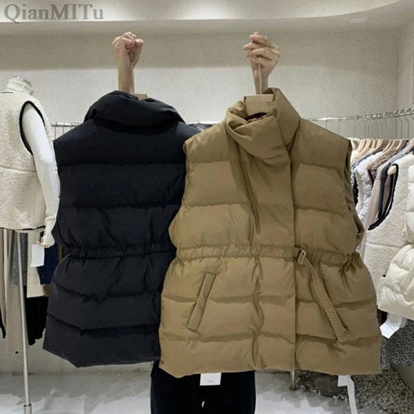 New Fashion Autumn Stand Collar Elegant Coats Warm Outerwear Casual Belt Sleeveless Winter Women Vests Jackets