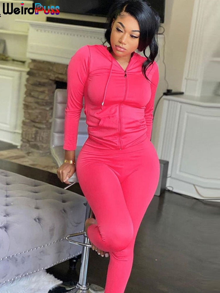 OrangeA Women Autumn Casual Two Piece Set Hooded Crop Tops Sporty Leggings Matching Stretchy Soft Skinny Fitness Slim Streetwear
