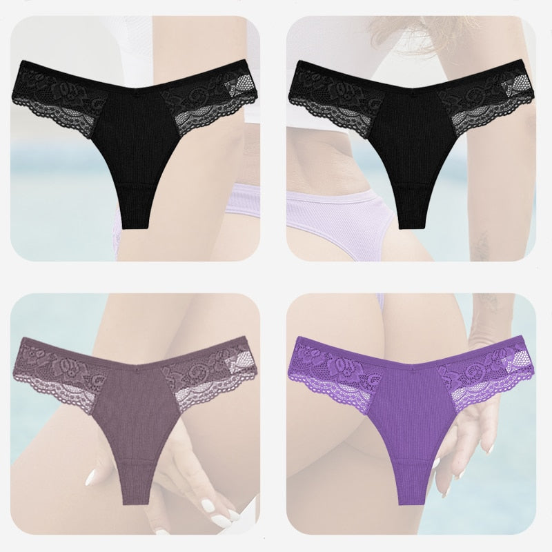 4PCS/Set Sexy Women Cotton Panties Lace Thong Underwear for Female Intimates Lingerie T-Back Floral Hollow Out Plus Size Panties