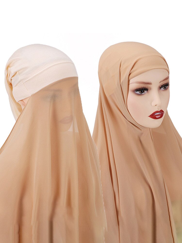 Instant Hijab With Cap Heavy Chiffon Jersey Hijab For Women Veil Muslim Fashion Islam Hijab Cap Scarf For Muslim Women Headscarf