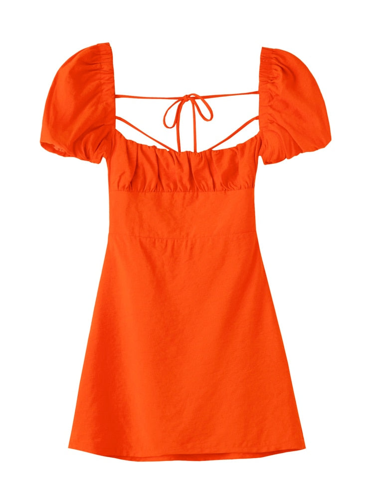 XNWMNZ women white fashion linen blend dress female square neck short puff sleeves backless crossover straps dress for women's