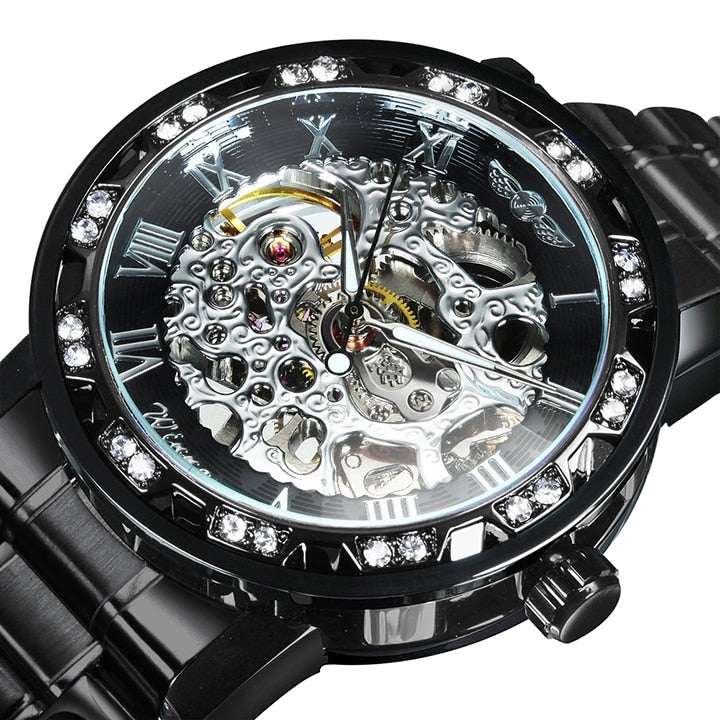 WINNER Transparent Skeleton Watch for Men Mechanical Wristwatches Diamond Watches Mens Luxury Stainless Steel Strap Unisex Clock