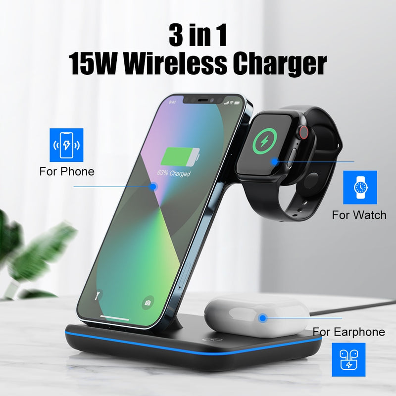 3 in 1 Wireless Charger Stand 15W Qi Fast Charging Dock Station for Apple Watch iWatch 7 AirPods Pro For iPhone 13 12 XS 8 Plus