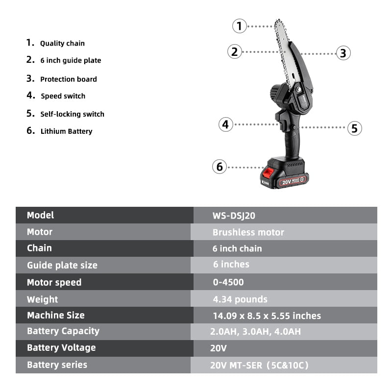 WOSAI 20V MT-Series 6 Inch Brushless chain saw Cordless Mini Handheld Pruning Saw Portable Woodworking Electric Saw Cutting Tool