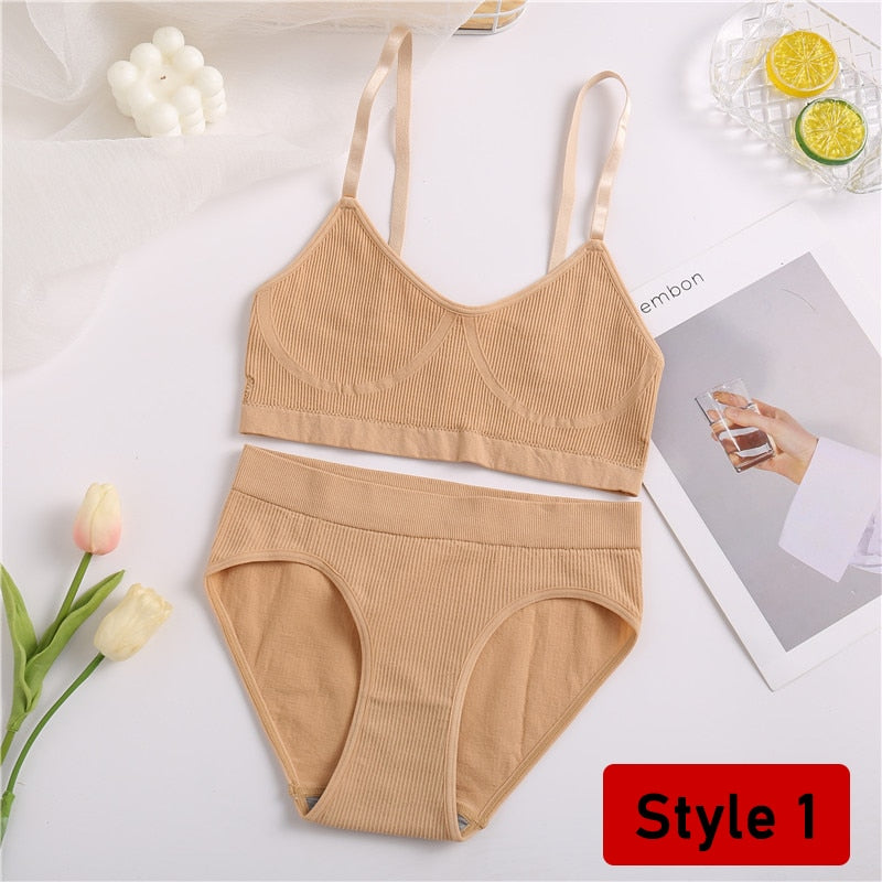 2PCS/Set Women Seamless Bra Panties Set Sexy Stretch Sport Bra Thong Briefs Style Panty Bralette Crop Top Intimates Lingerie Set