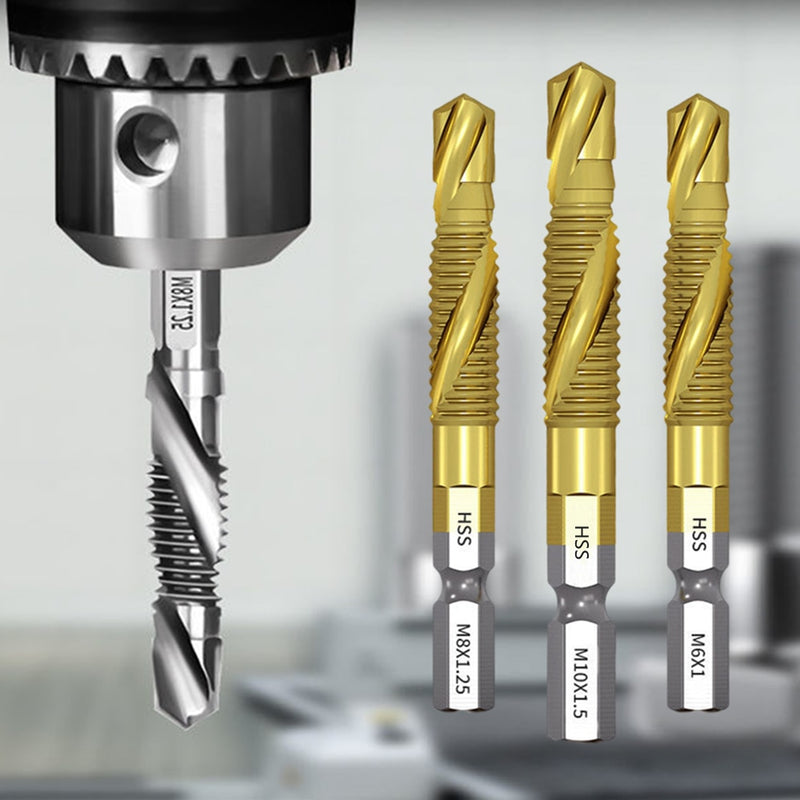 1-6pc M3 M4 M5 M6 M8 M10 Tap Drill Bits 1/4 Hex Shank Machine Hand Taps Titanium Coated HSS Drilling Tap Bits Thread Screw Tools