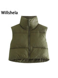 Willshela Women Fashion High Neck Cropped Waistcoat Puff Vest Casual Woman Sleeveless Jacket Chic Lady Winter Warm Outfits
