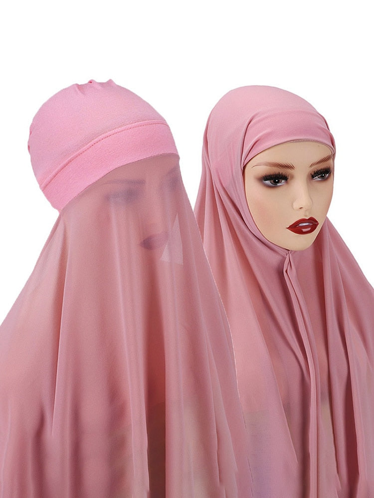 Instant Hijab With Cap Heavy Chiffon Jersey Hijab For Women Veil Muslim Fashion Islam Hijab Cap Scarf For Muslim Women Headscarf