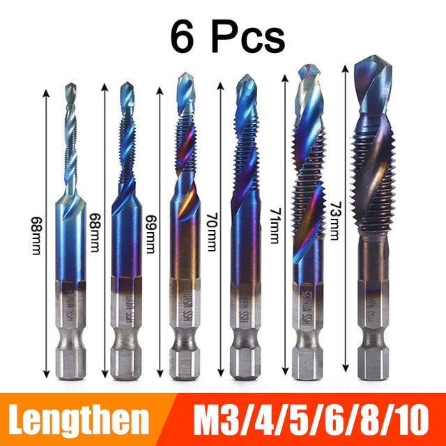 6Pcs M3-M10 Hex Shank Titanium Plated HSS Screw Thread Metric Tap Drill Bits Screw Machine Compound Thread Hand Tools