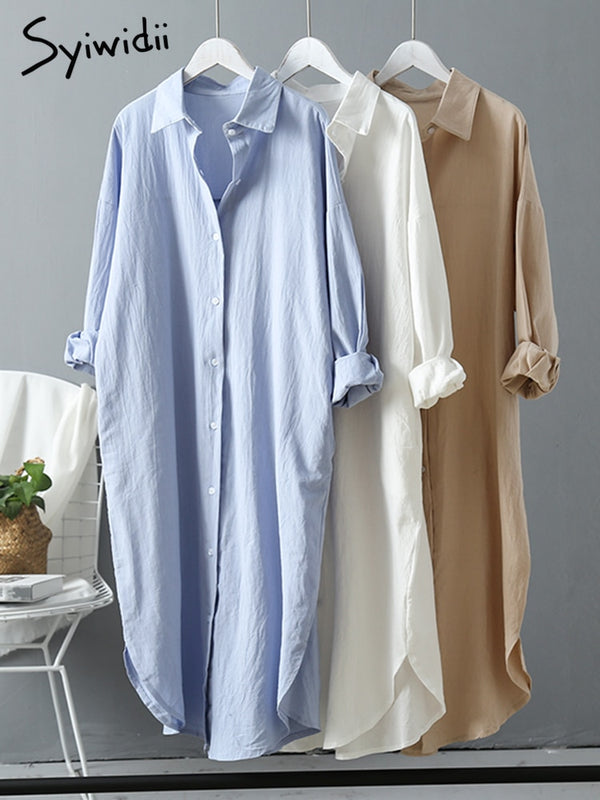 Syiwidii White Shirt Dress for Women Linen Cotton Clothing 2022 Spring Summer Casual Vintage Oversized Pure Long Midi Dresses