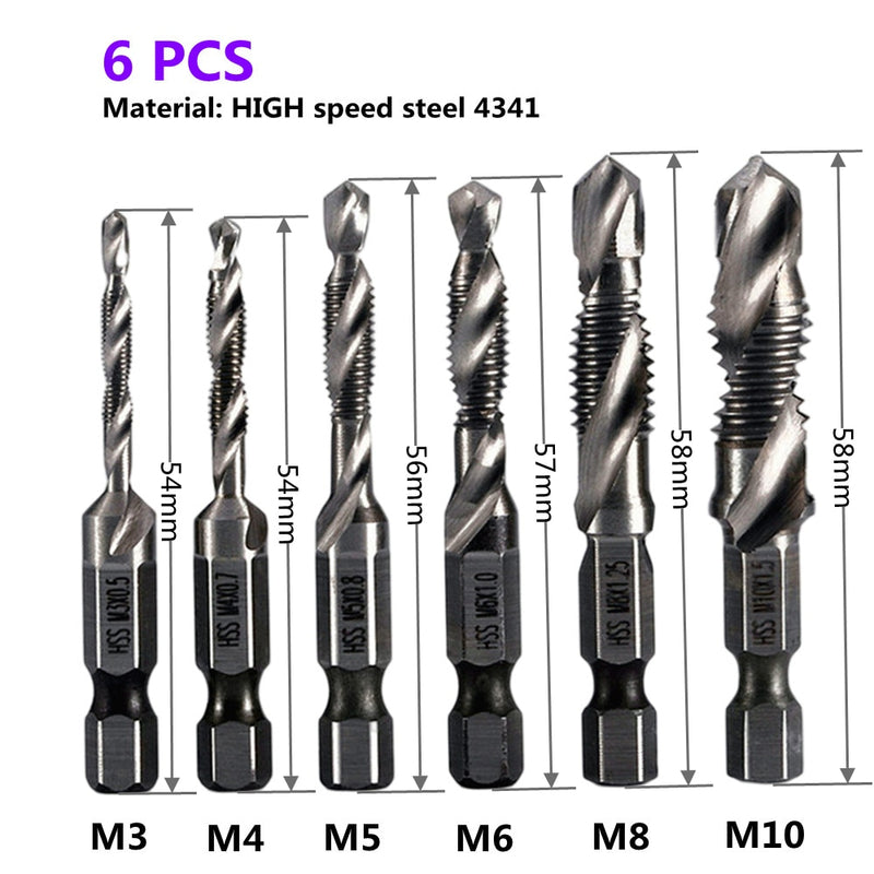 1-6pc M3 M4 M5 M6 M8 M10 Tap Drill Bits 1/4 Hex Shank Machine Hand Taps Titanium Coated HSS Drilling Tap Bits Thread Screw Tools