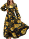 Women Elegant Floral Printed Long Dresses Spring Summer Casual O Neck Long Sleeve Ladies Chic High Waist A Line Beach Dresses