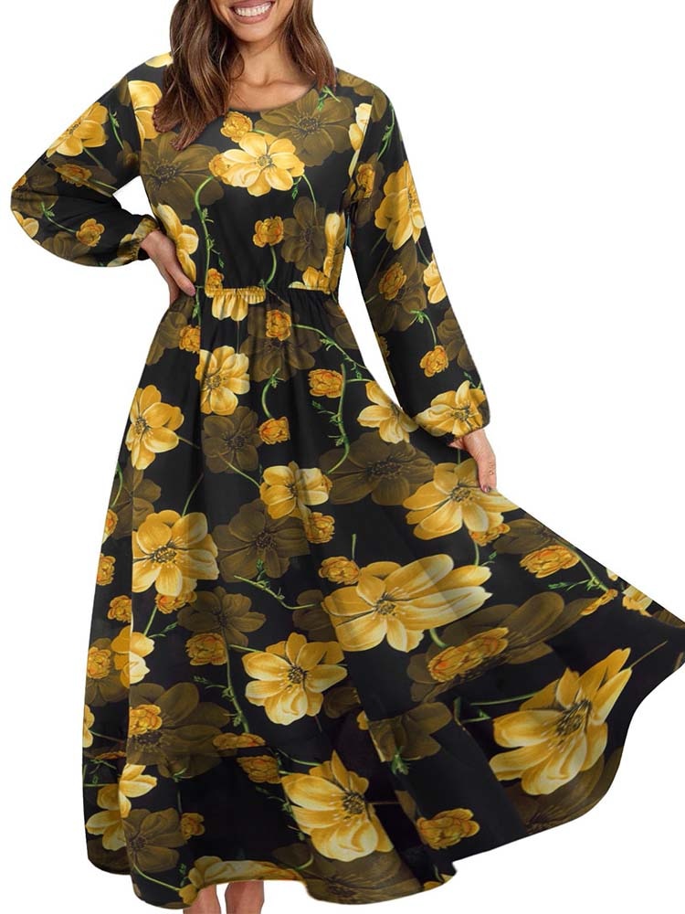 Women Elegant Floral Printed Long Dresses Spring Summer Casual O Neck Long Sleeve Ladies Chic High Waist A Line Beach Dresses