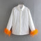 Green Feathers on the Cuffs Womens Blouses Long Sleeves Women&