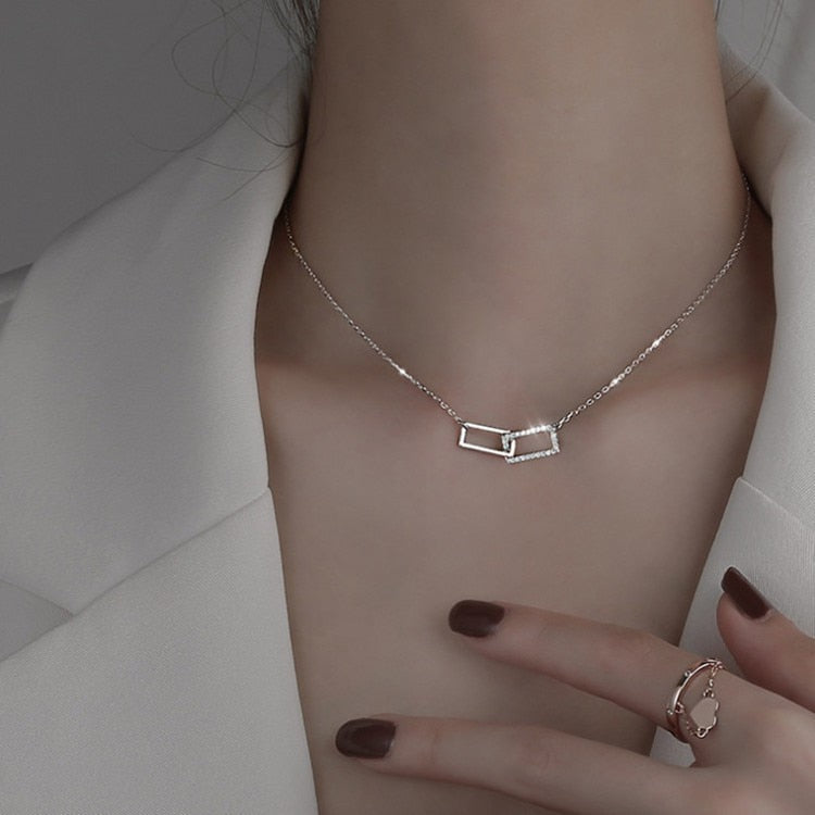 Exquisite Crystal Hollow Double Square Necklace Pendant Clavicle Chain Korean Choker Ins