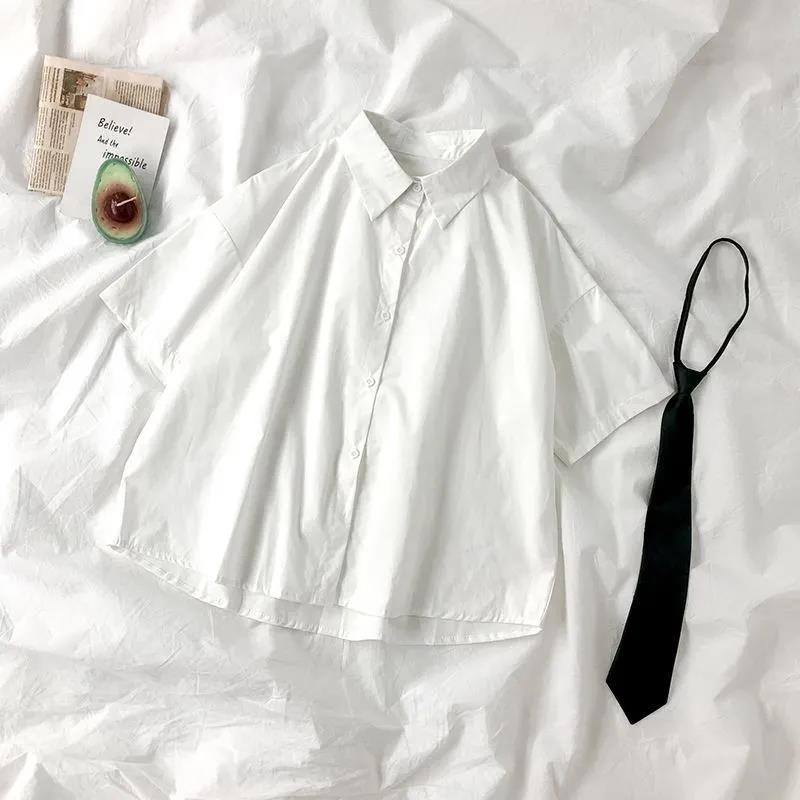 DAYIFUN White Shirts Women with Tie Japanese Style Preppy Students BF Oversized Blouse Simple Solid Loose Summer Top  L3204