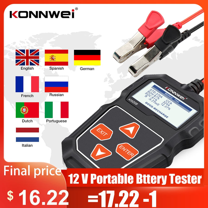 KONNWEI KW208 Car Battery Tester 12V 100 to 2000CCA  Cranking Charging Circut Tester Battery Analyzer  12 Volts Battery Tools
