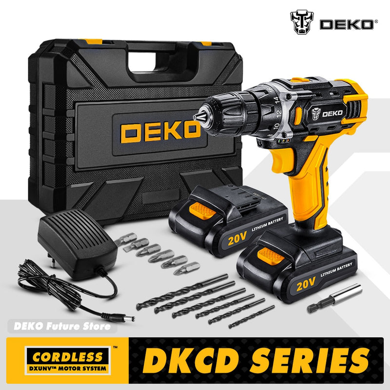 DEKO 12V 16V 20V Cordless Drill Electric Screwdriver Mini Wireless Power Driver Lithium-Ion Battery Home DIY 18+1TorqueSettings