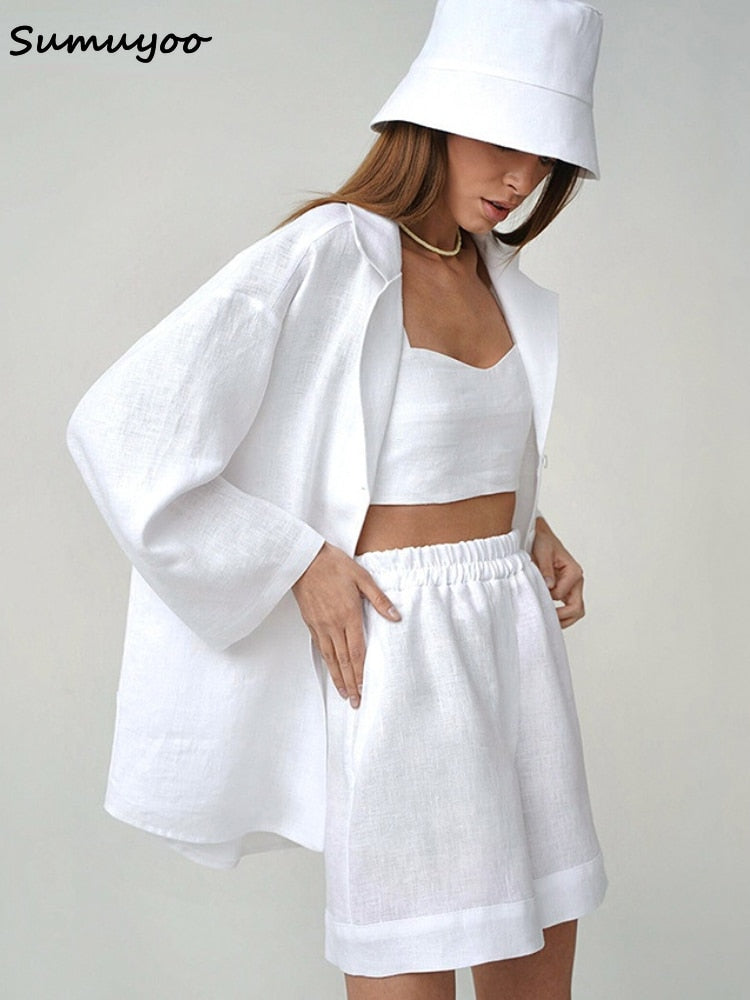 Sumuyoo Summer White 100% Cotton Shorts Suits Women 2022 Long Sleeve Casual Top Sets Wide Leg Shorts Sets 2 Pieces Outfits