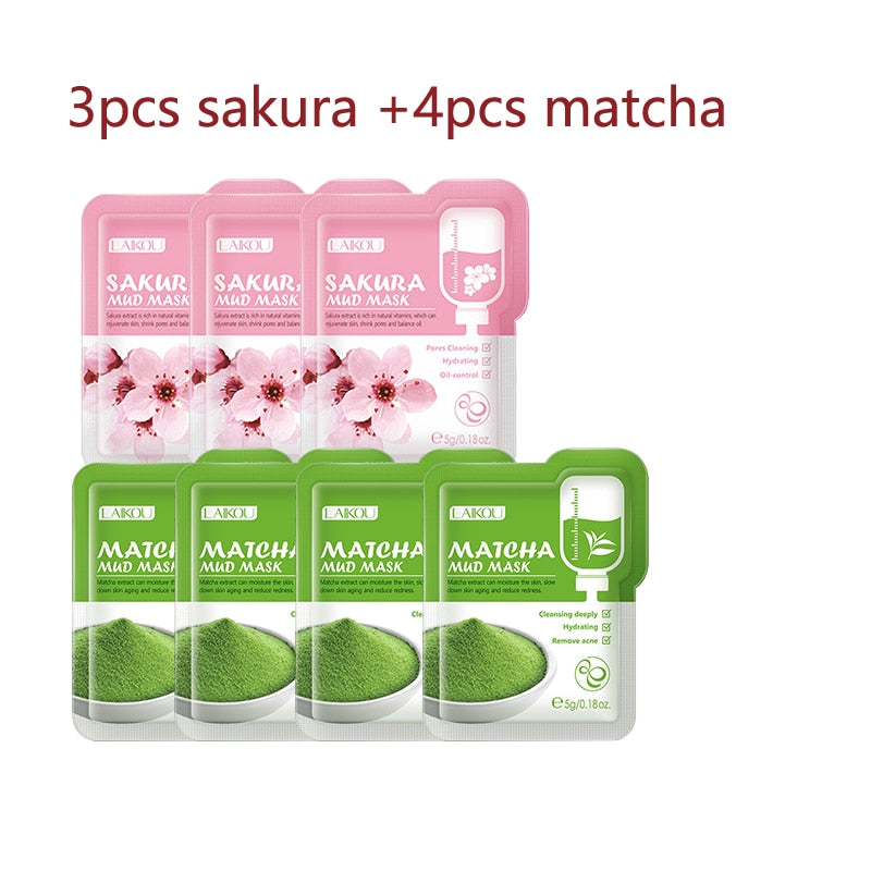LAIKOU 7pcs Japan Sakura Mud Face Mask Cleansing Whitening Moisturizing Oil-Control Anti-Aging Clay Mask Packs Facial Skin Care
