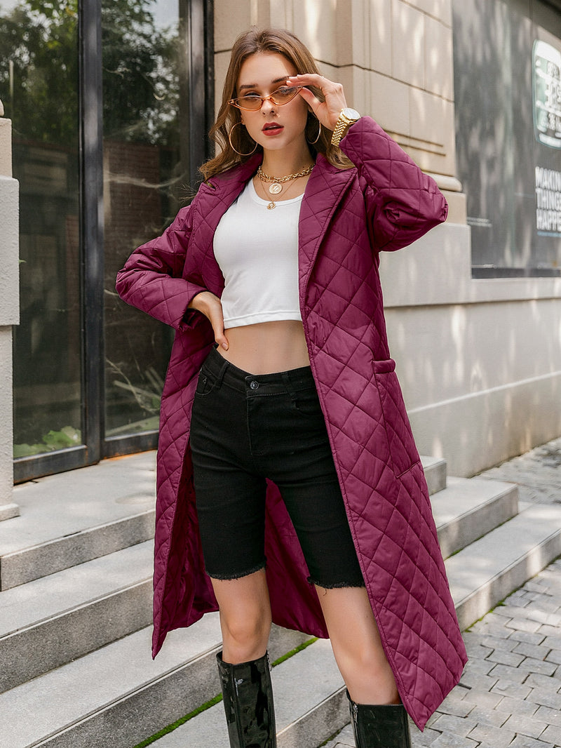 Simplee Long straight winter coat with rhombus pattern Casual sashes women parkas Deep pockets tailored collar stylish outerwear