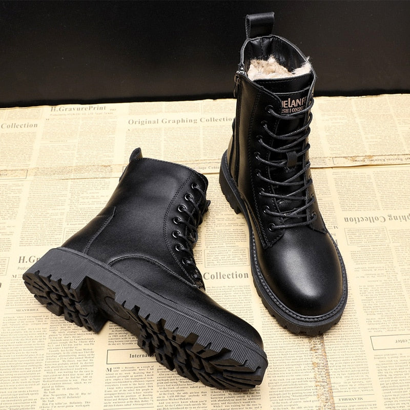 Pofulove Winter Boots Women Shoes Black Leather Boots Fur Ankle Booties Velvet Plush Warm Platform Shoes Fashion Designer Botas