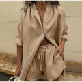 Women Casual Tracksuit Shorts Set Summer Long Sleeve Shirt Tops And Mini Drawstring Shorts Suit Lounge Wear Two Piece Set