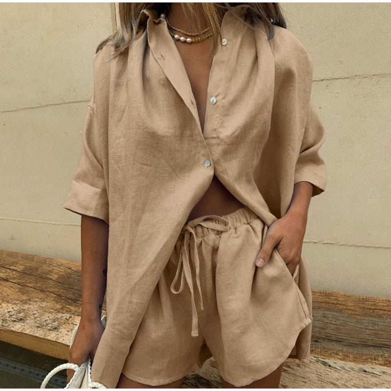 Women Casual Tracksuit Shorts Set Summer Long Sleeve Shirt Tops And Mini Drawstring Shorts Suit Lounge Wear Two Piece Set