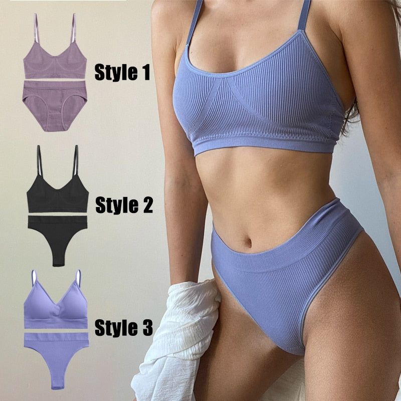 2PCS/Set Women Seamless Bra Panties Set Sexy Stretch Sport Bra Thong Briefs Style Panty Bralette Crop Top Intimates Lingerie Set