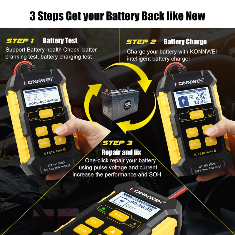 KONNWEI KW510 Car Battery Tester Full Automatic 12V Car Battery Repair Tool Load Cranking Battery Charger Detect Tool PK BM550