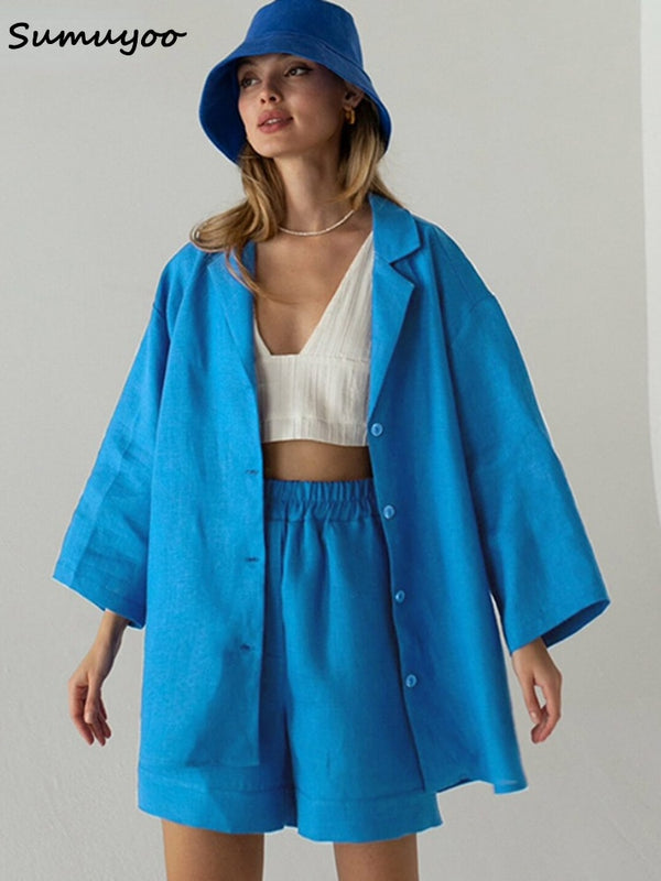 Sumuyoo Summer White 100% Cotton Shorts Suits Women 2022 Long Sleeve Casual Top Sets Wide Leg Shorts Sets 2 Pieces Outfits