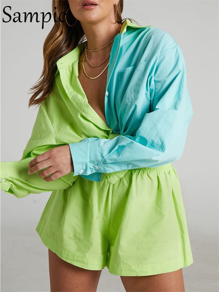 Sampic Women Blue Suit 2022 Casual Loose Long Sleeve Shirt Summer Tops And Mini Shorts Fashion Tracksuit Two Piece Set Outfits