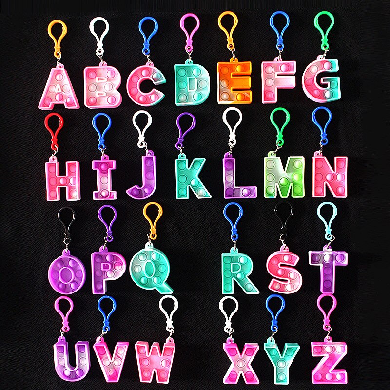 26-letter Keychain Fidget Toys Silicone Push Bubble Simple Dimple Bag Ornaments Popite Anti Stress Kids Birthday Gifts