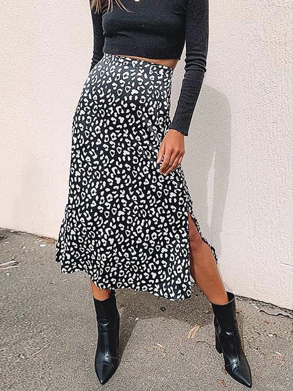 2022 New Sexy Leopard Print Chiffon Split Skirt Casual Fashion Long Skirts for Women Spring Summer Zip Elegant Female Skirt