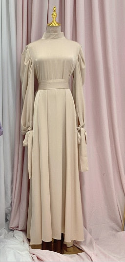 Muslim Fashion Women Islamic Satin Dress Hijab Arabic Pleated Abaya Dubai Balloon Sleeve with Ribbon Eid Mubarak Turkish Dresses
