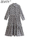 ZEVITY New Women Vintage Geometric Print Pleats Casual Slim Midi Shirt Dress Female Chic Pleats Ruffles A Line Vestido DS395