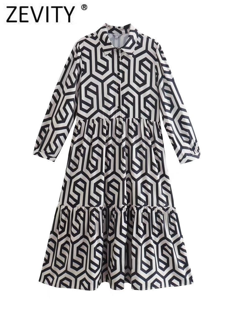 ZEVITY New Women Vintage Geometric Print Pleats Casual Slim Midi Shirt Dress Female Chic Pleats Ruffles A Line Vestido DS395