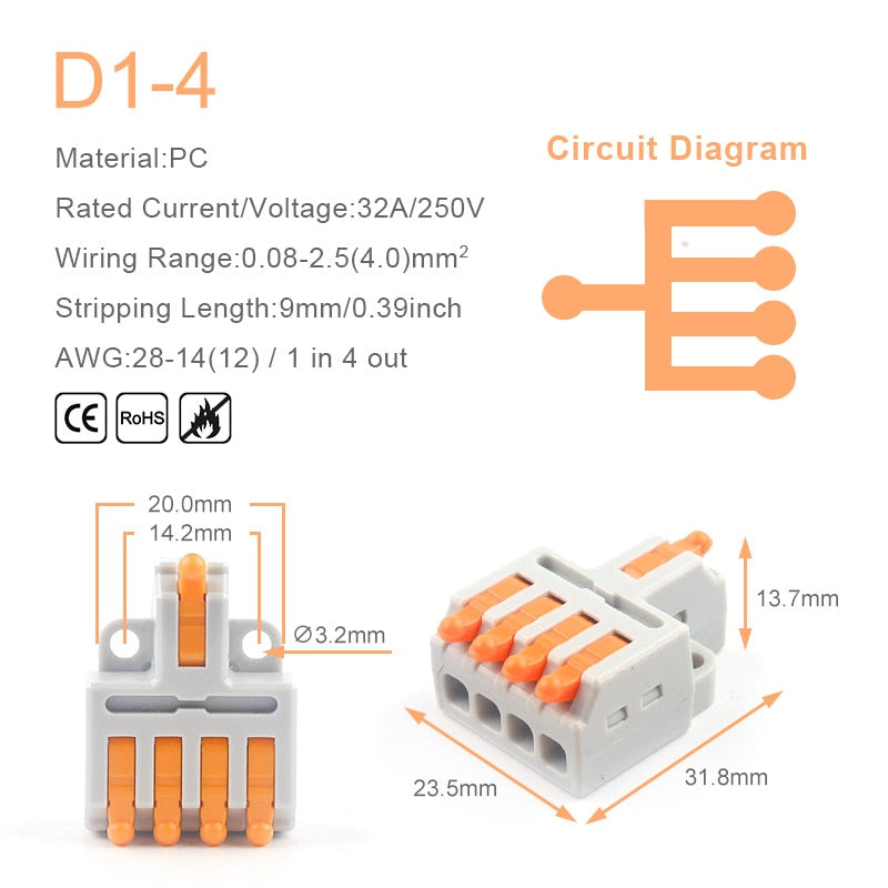 Mini Quick Wire Conductor Connector Universal Compact 2/3 Pin Splicing Push-inTerminal Block 1 in multiple out with fixing Hole
