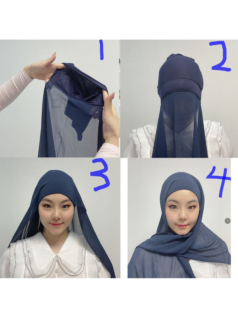 Instant Hijab With Cap Heavy Chiffon Jersey Hijab For Women Veil Muslim Fashion Islam Hijab Cap Scarf For Muslim Women Headscarf