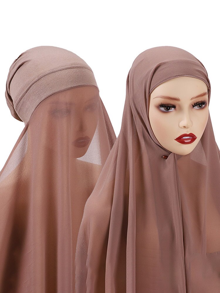 Instant Hijab With Cap Heavy Chiffon Jersey Hijab For Women Veil Muslim Fashion Islam Hijab Cap Scarf For Muslim Women Headscarf